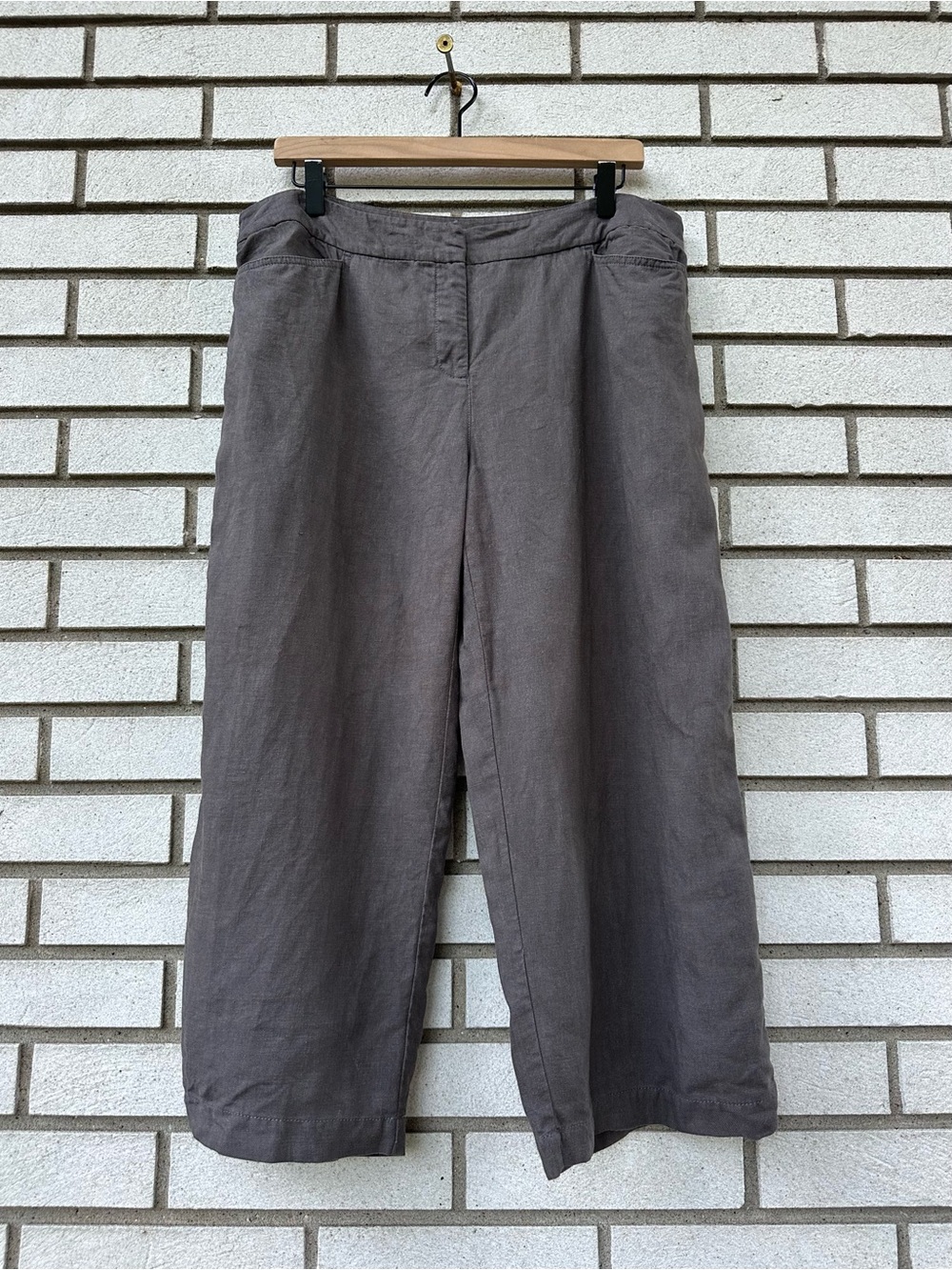 Eileen Fisher Petite Large Taupe Cocoa Linen Wide Leg Crop Pants PL Pockets